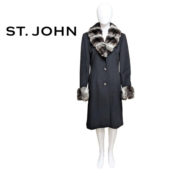 ST. JOHN Chinchilla-Trimmed Angora/Cashmere/Wool Blend Coat - Picture 1 of 10